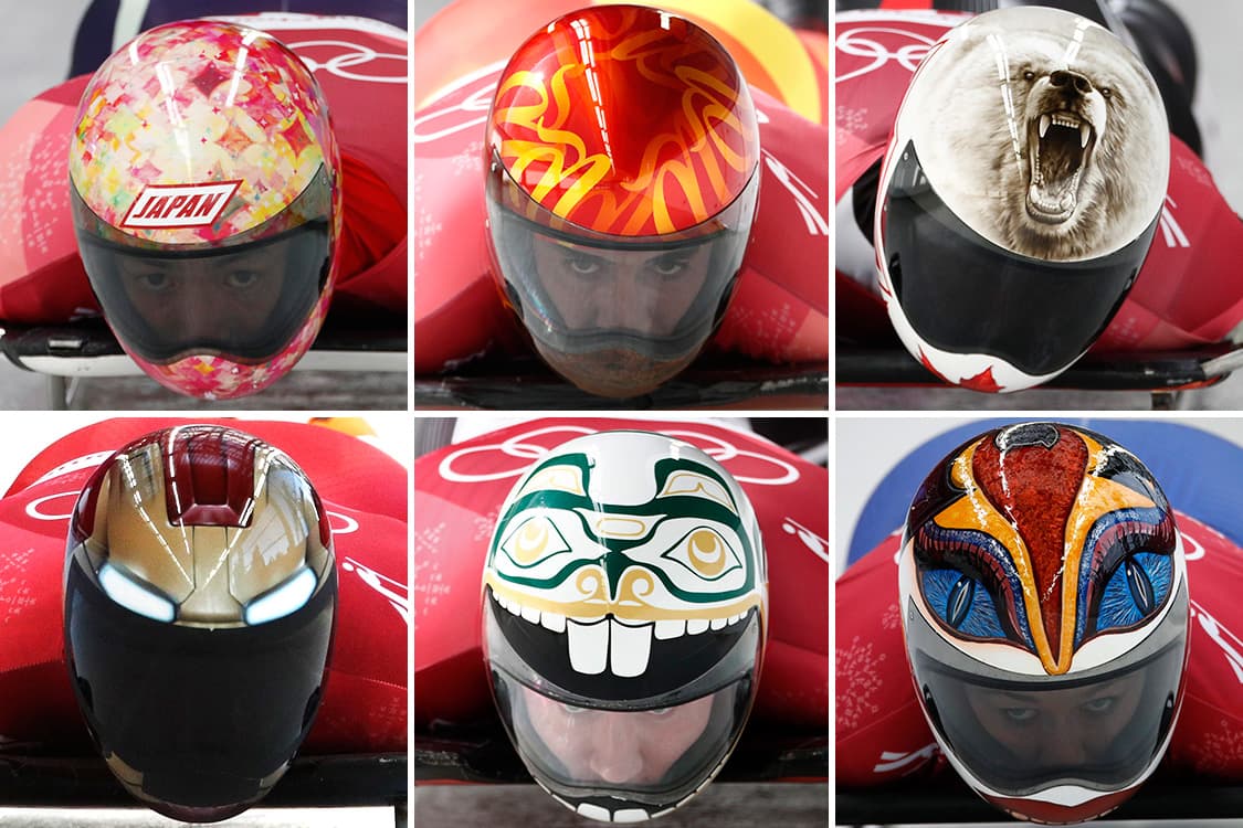 Capacetes dos competidores de Skeleton, nos Jogos Olímpicos de Pyeongchang