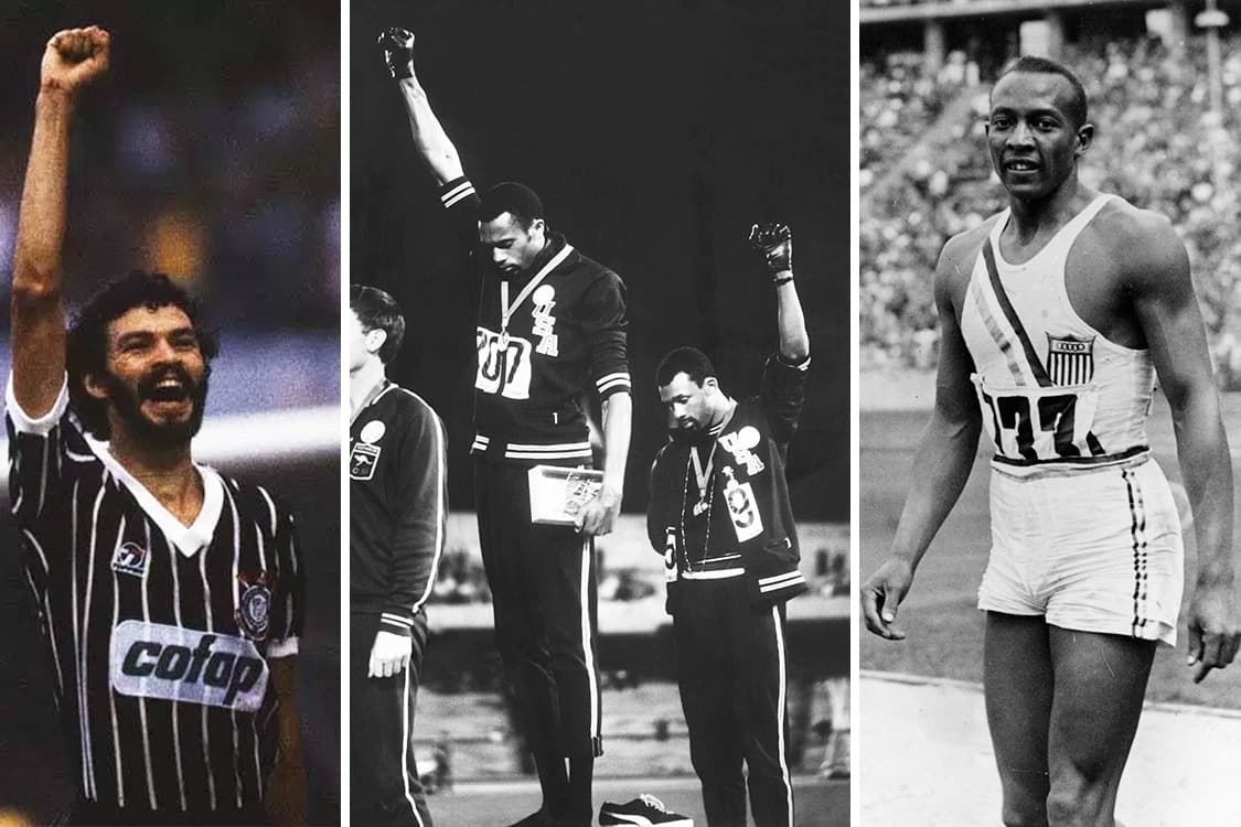 Sócrates comemora gol pelo Corinthians em 1983, Os atletas americanos Tommie Smith e John Carlos nas Olimpíadas do México de 1698, e Jesse Owens nos Jogos de 1936