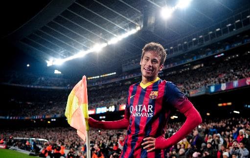 Neymar comemora um dos gols que marcou contra o Villarreal, no Camp Nou