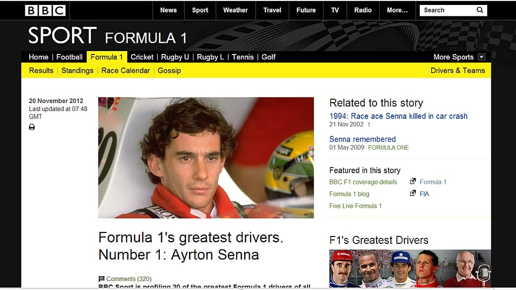 A página de esporte do site da BBC: Ayrton Senna, o número 1