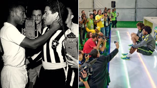 TÃO PERTO, TÃO LONGE – Nos tempos de Pelé e Garrincha — que, juntos, nunca perderam uma partida pela seleção —, os jornalistas quase jogavam com eles. No escrete de hoje, uma barreira separa os jogadores da imprensa
