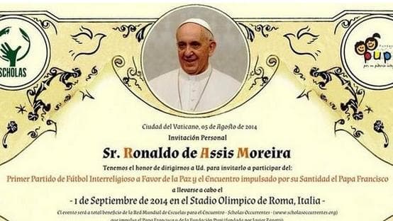 Convite enviado pelo papa Francisco a Ronaldinho Gaúcho