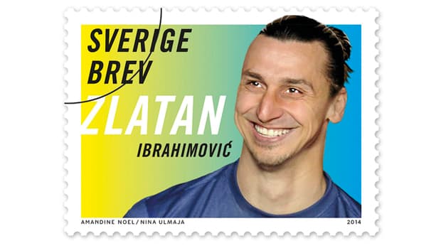 Um dos selos dos Correios da Suécia com o rosto de Zlatan Ibrahimovic