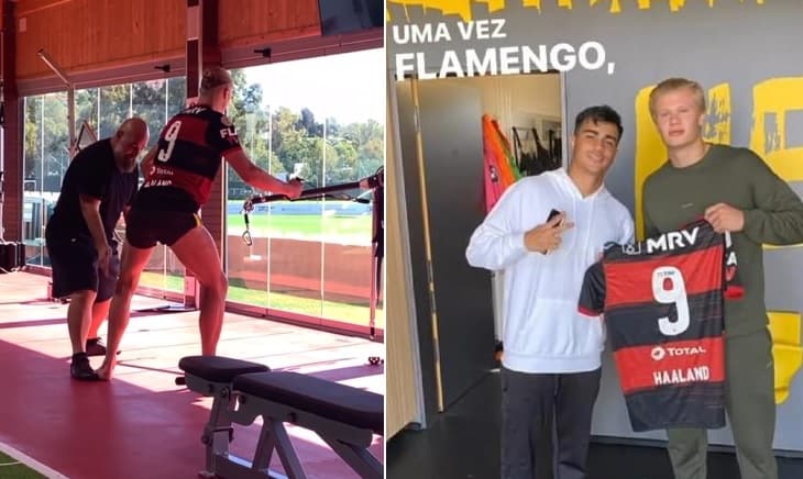 Haaland treinando com a camisa do Flamengo que ganhou ano passado do colega Reinier