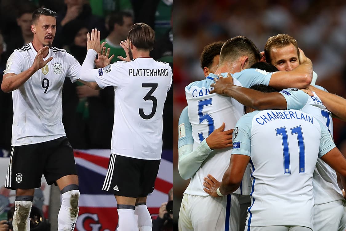 Jogadores da seleção da Alemanha e Inglaterra comemorando gols