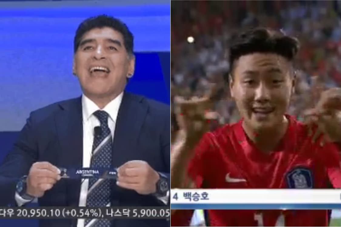 Maradona comemora sorteio da Argentina no mesmo grupo da Coreia do Sul, mas jogador sul-coreano, após marcar gol contra Argentina, provoca Maradona durante comemoração