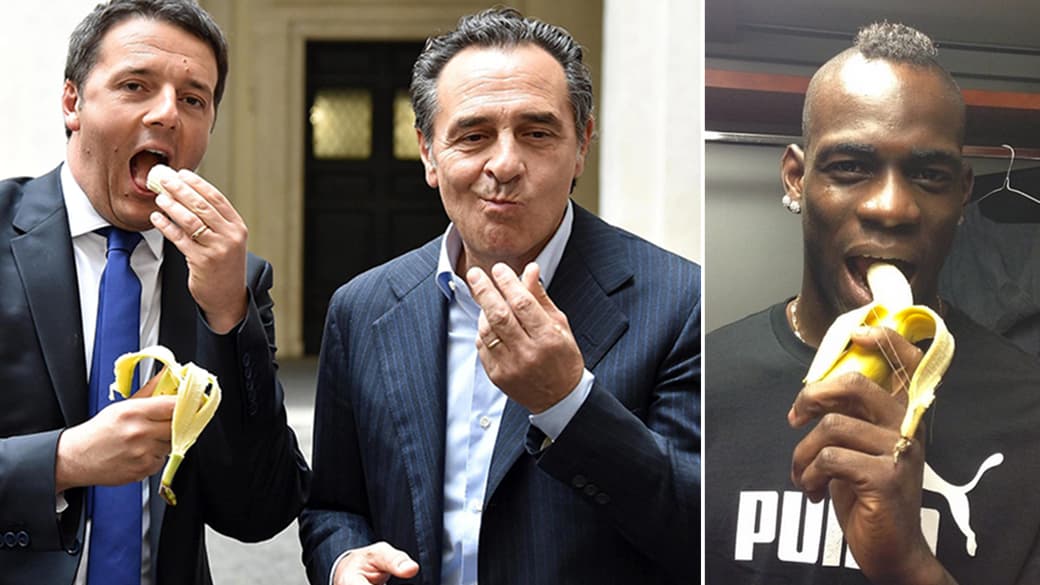 O primeiro-ministro da Itália, Matteo Renzi, e o técnico da seleção, Cesare Prandelli, comem uma banana em apoio ao jogador brasileiro Daniel Alves, vítima de racismo na Espanha. No Instagram, Balotelli também aderiu à campanha
