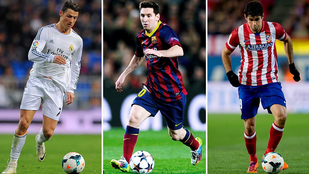 Cristiano Ronaldo, Lionel Messi e Diego Costa: os craques dos líderes Real, Barcelona e Atlético, isolados dos demais clubes no alto da tabela do Campeonato Espanhol