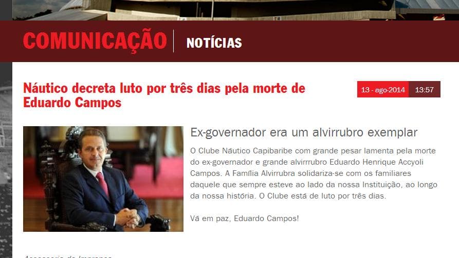 Náutico divulga nota de pesar pela morte de Eduardo Campos