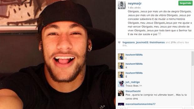 Neymar postou foto sorrindo e agradeceu por mais um dia de alegria