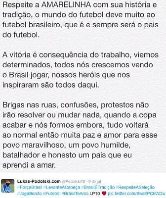 Podolski manda mensagem aos brasileiros, após vexame contra a Alemanha