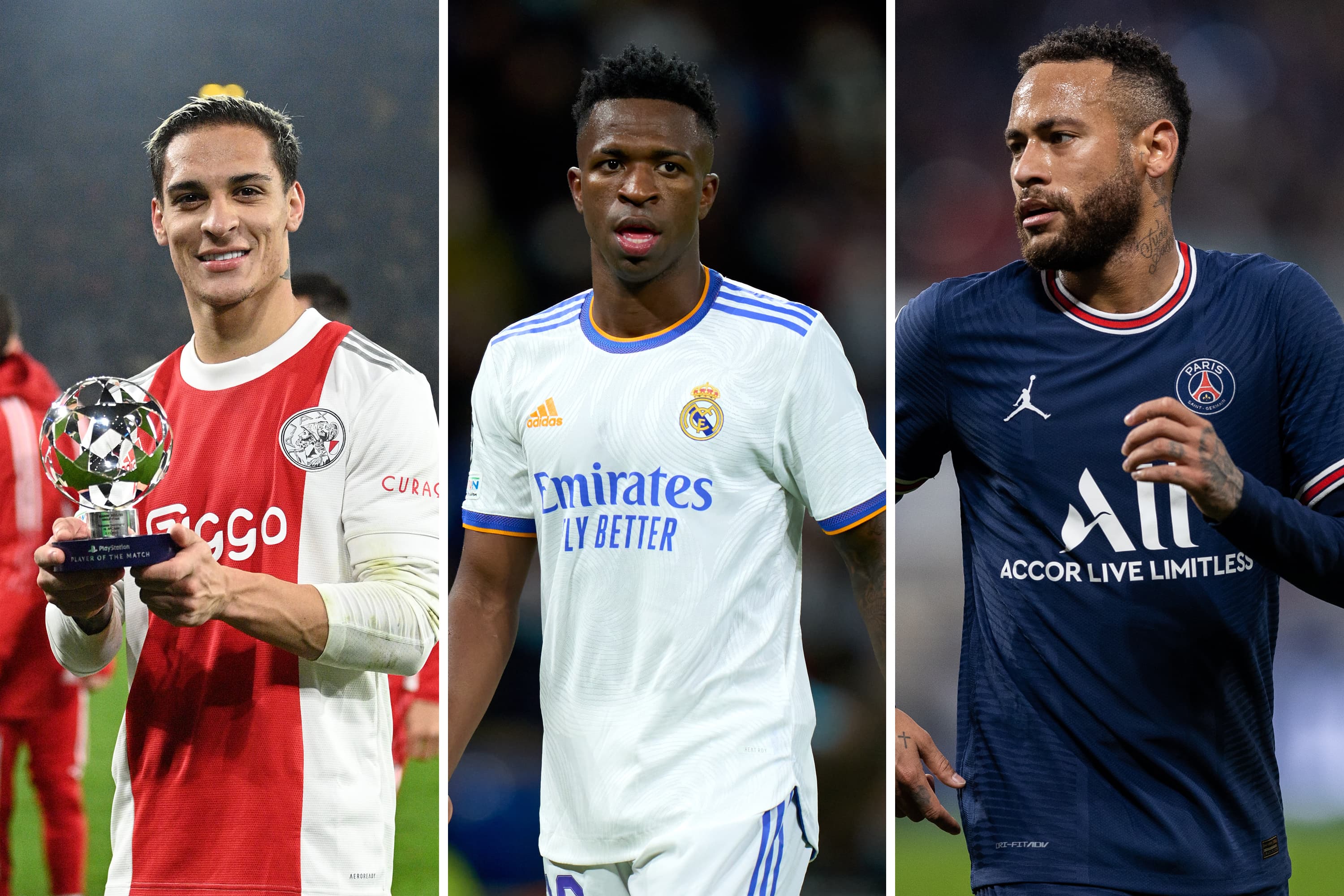 Antony, Vinicius Júnior e Neymar em ação por seus clubes na Liga dos Campeões -