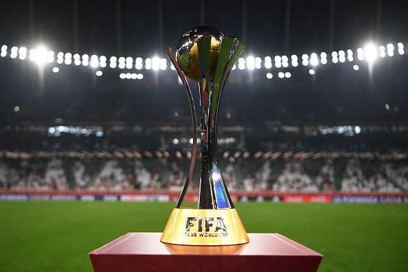 DOHA, QATAR - FEBRUARY 11: The winner's trophy is seen on a plinth at the side of the pitch prior to the FIFA Club World Cup Qatar 2020 Final between FC Bayern Muenchen and Tigres UANL at the Education City Stadium on February 11, 2021 in Doha, Qatar. (Photo by David Ramos - FIFA/FIFA via Getty Images)
