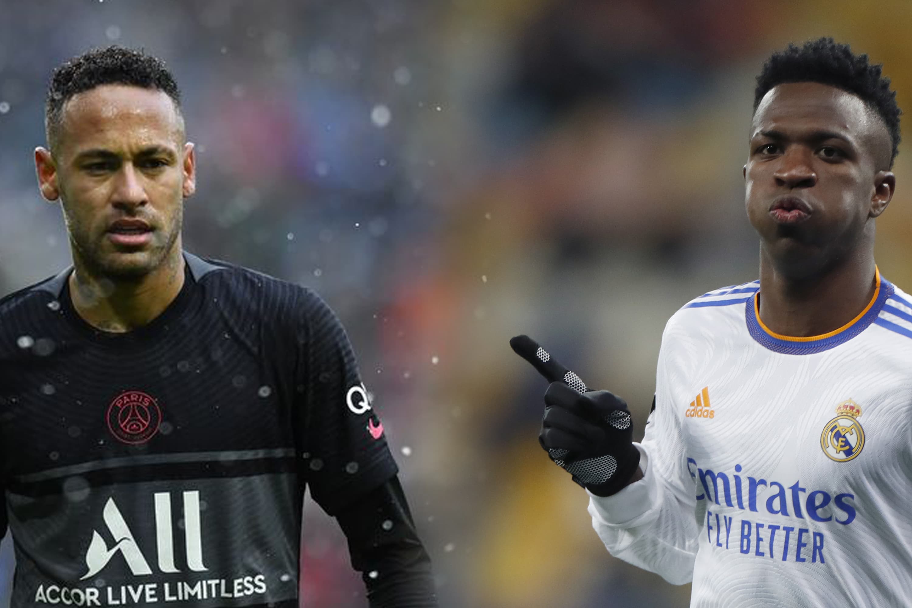 Companheiros de seleção, Neymar e Vinicius Júnior estarão frente a frente pela Champions -