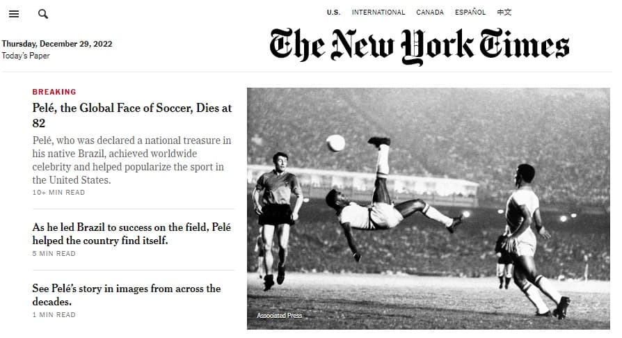 Destaque do New York Times para Pelé, "o rosto global do futebol"