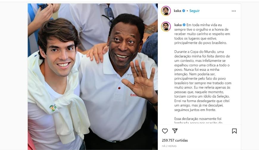 Kaká lamentou não ter ido ao velório de Pelé após repercussão negativa