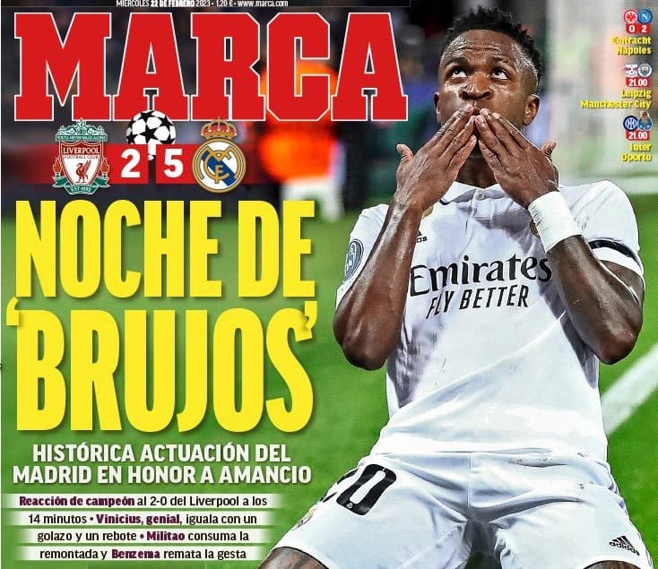 Capa do 'Marca' destacou 'bruxaria' de Vinicius e cia em Anfield