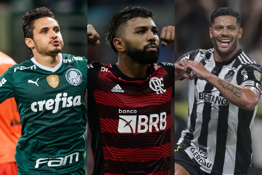 Montagem sobre foto de Rafael Veiga, Gabigol e Hulk