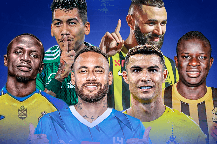 Mané, Firmino, Neymar, Cristiano Ronaldo, Benzema e Kanté: estrelas da liga saudita - Arte/´PLACAR
