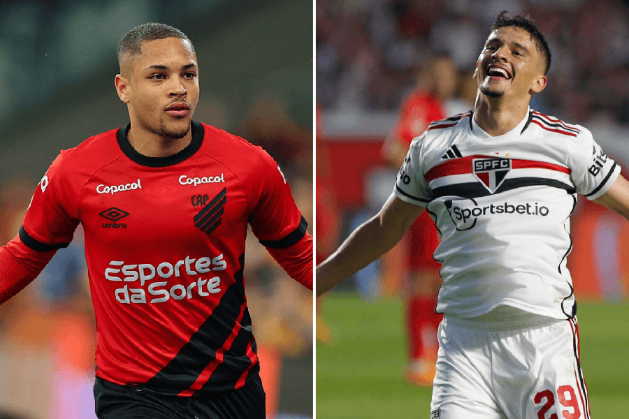 Vitor Roque e Pablo Maia são destaques em lista mundial - Montagem sobre Divulgação/Athletico e Rubens Chiri/São Paulo