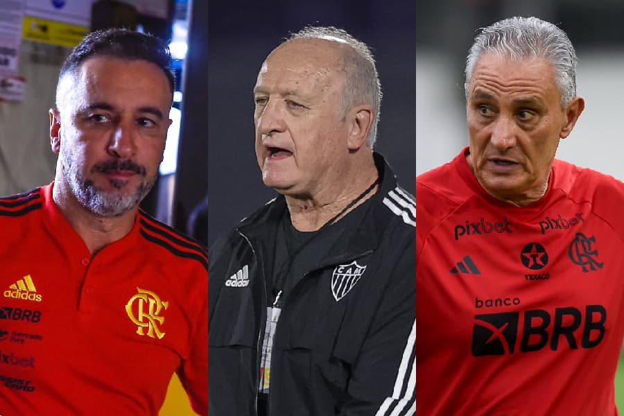 Vítor Pereira, Felipão e Tite foram protagonistas nas 'lorotas' de 2023 - Montagem sobre Divulgação