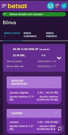 como ativar o bônus na Betsat