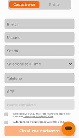 página de cadastro da aposta ganha