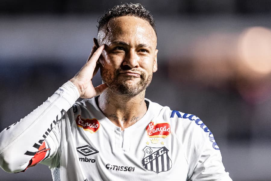 Neymar comemorando seu gol contra o Bragantino pelas quartas de final do Paulistão. Foto: Raul Baretta/ Santos FC.