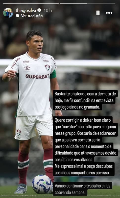 Thiago Silva, zagueiro do Fluminense, pediu desculpa no Instagram - Reprodução