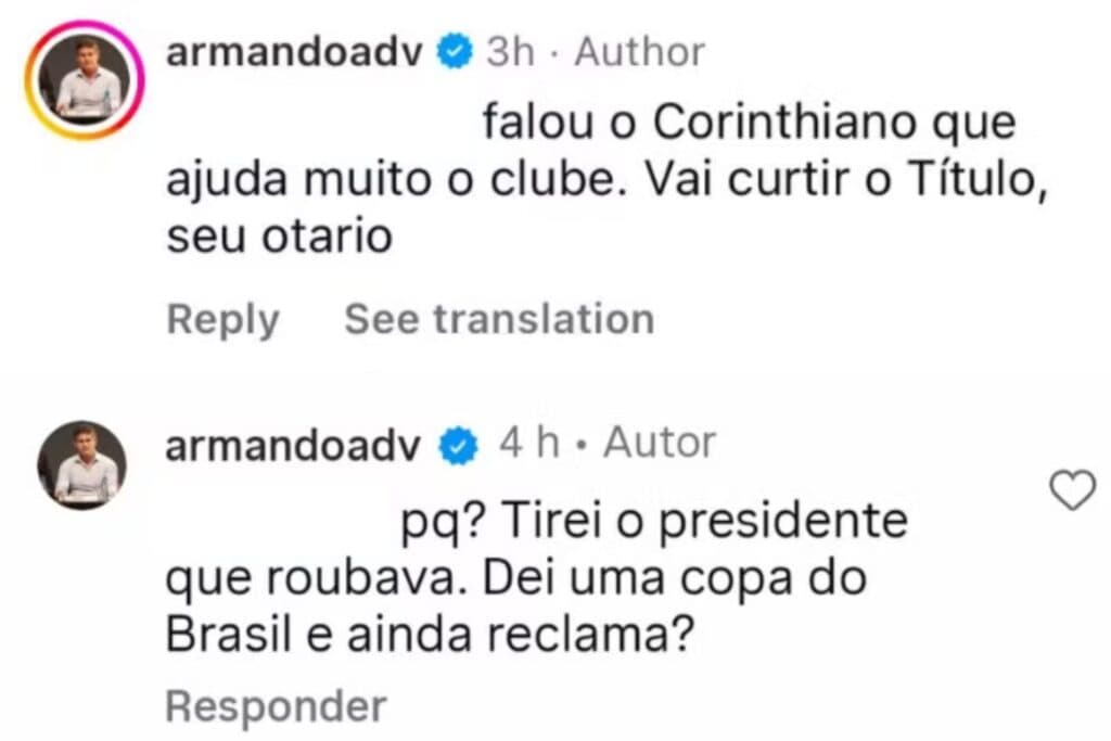 Armando Mendonça xingou torcedores na rede social - Reprodução/Instagram