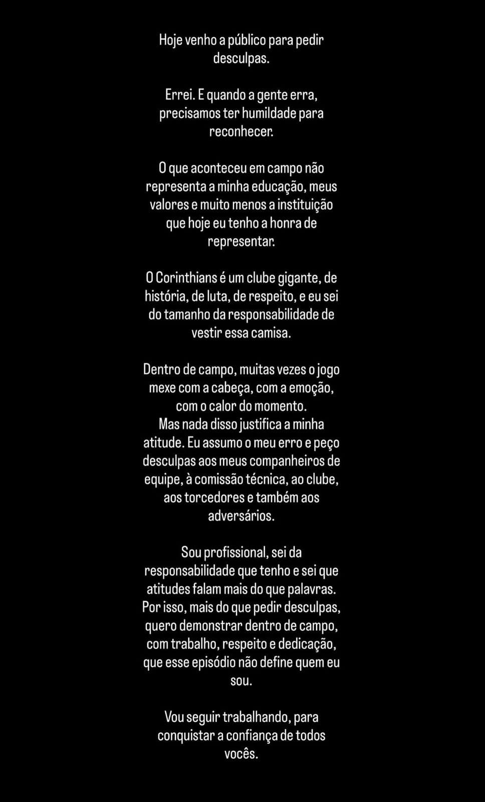 Pedido de desculpas de Allan, do Corinthians - Reprodução/@allan_.souza