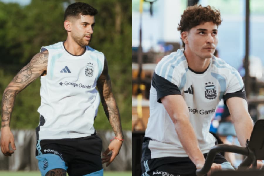 Cristian Romero e Julián Álvarez durante treino da seleção argentina - Reprodução/@afaseleccion