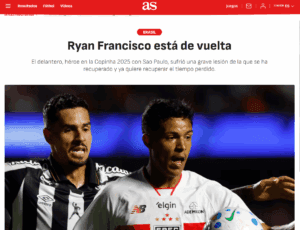 Diario As dá destaque para Ryan Francisco após jovem ser titular diante do Santos