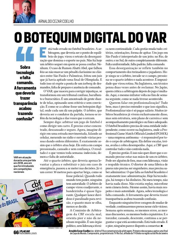Coluna de Arnaldo Cézar Coelho na PLACAR 1529 - Reprodução