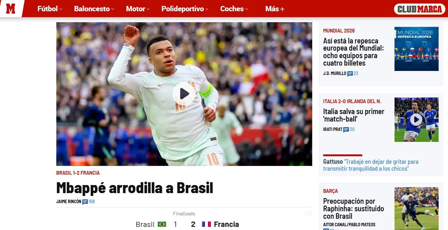 França põe o Brasil de joelho - Reprodução/MARCA