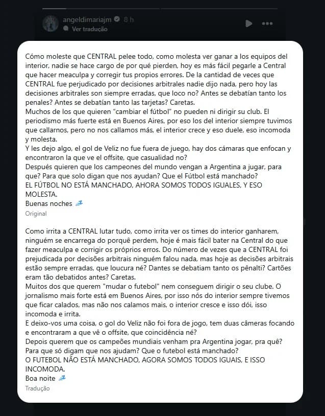 Postagem de Di María repercutindo a fala de Milito - Reprodução