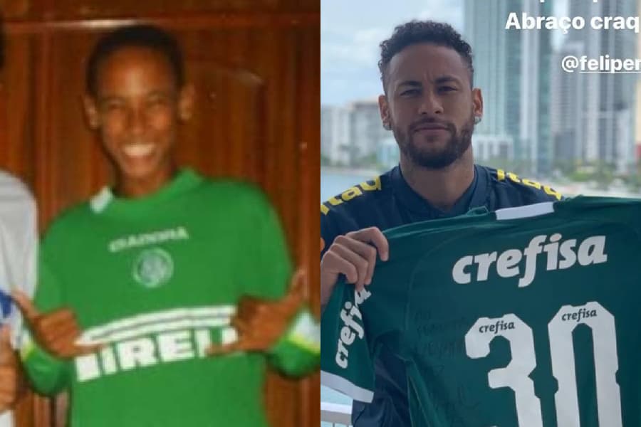 Neymar, ainda criança, vestindo a camisa do Palmeiras e agradecendo ao presente do então volante palmeirense Felipe Melo - Montagem sobre Reprodução