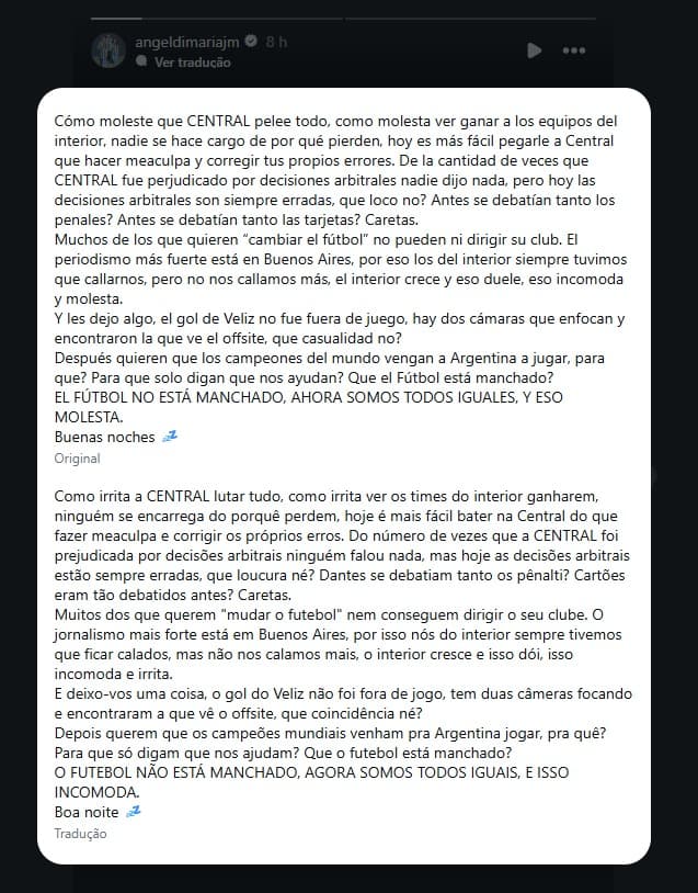 Postagem de Di María repercutindo a fala de Milito - Reprodução