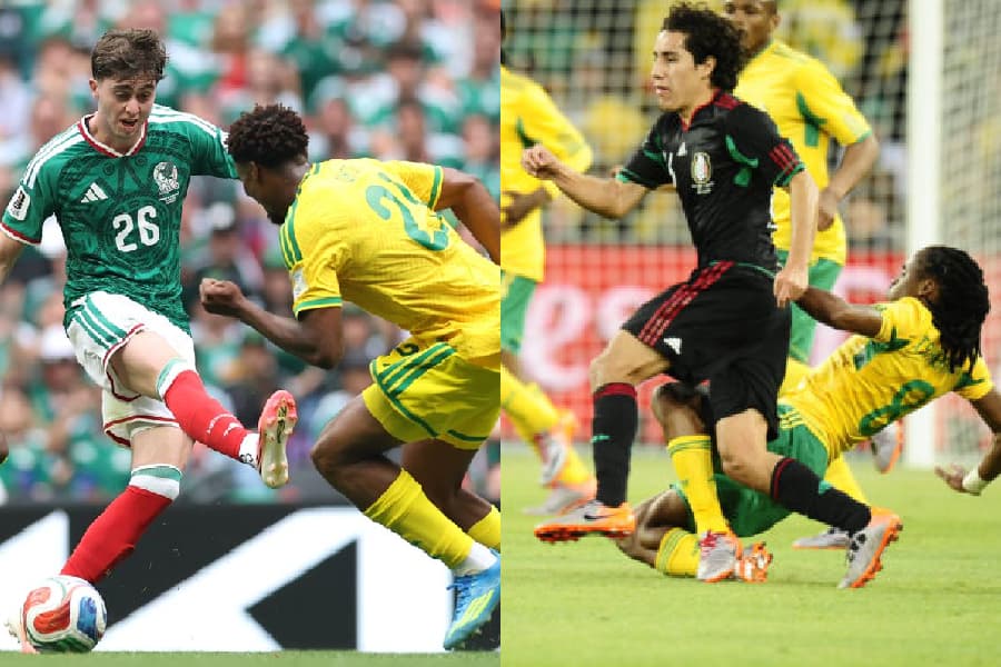 México e África do Sul se enfrentaram na partida de abertura nas Copas de 2026 (à dir.) e de 2010 (à dir.) - Reprodução/@BafanaBafana e Alexandre Battibugli/Placar
