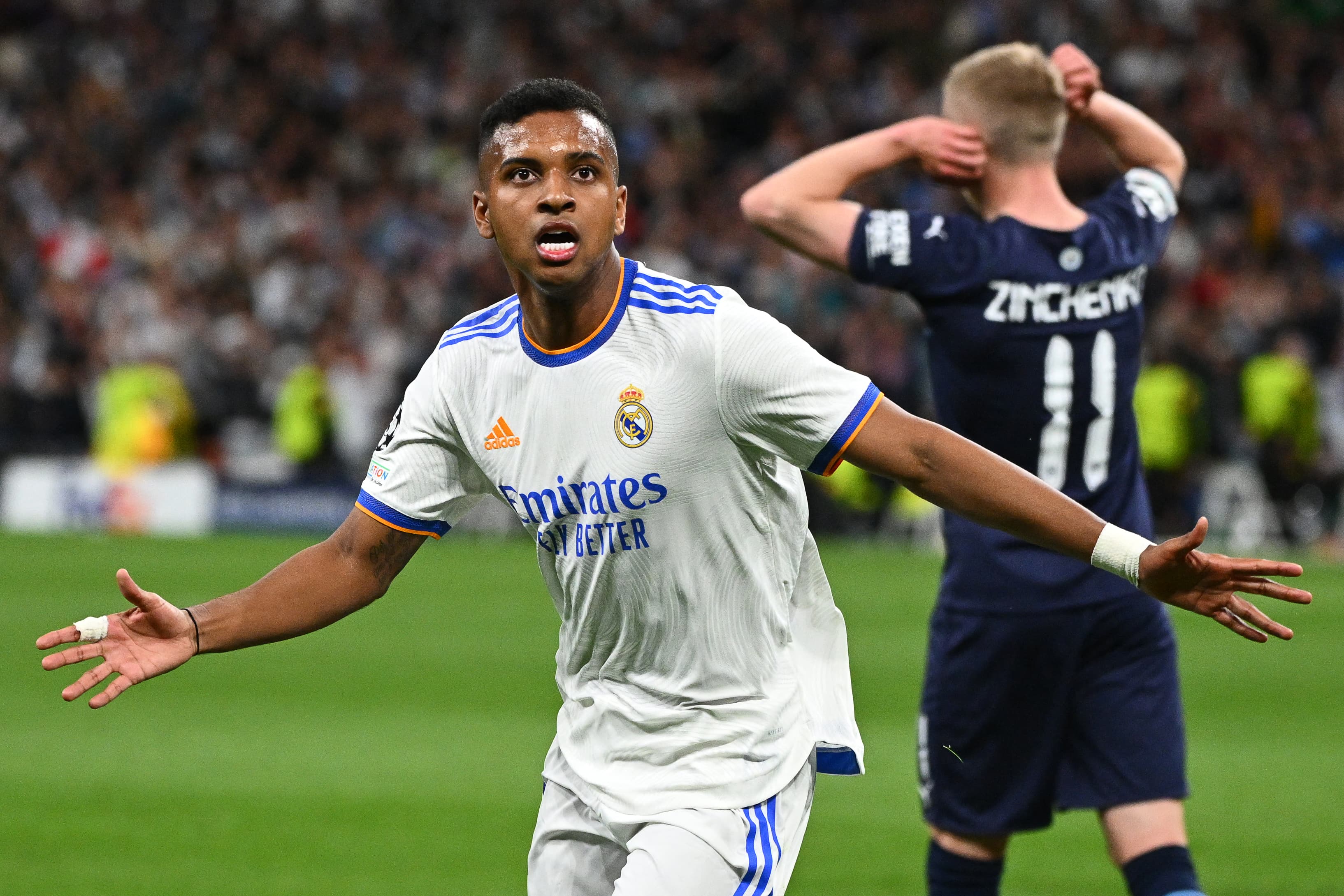 Rodrygo, do Real Madrid, comemora gol diante do Manchester City -