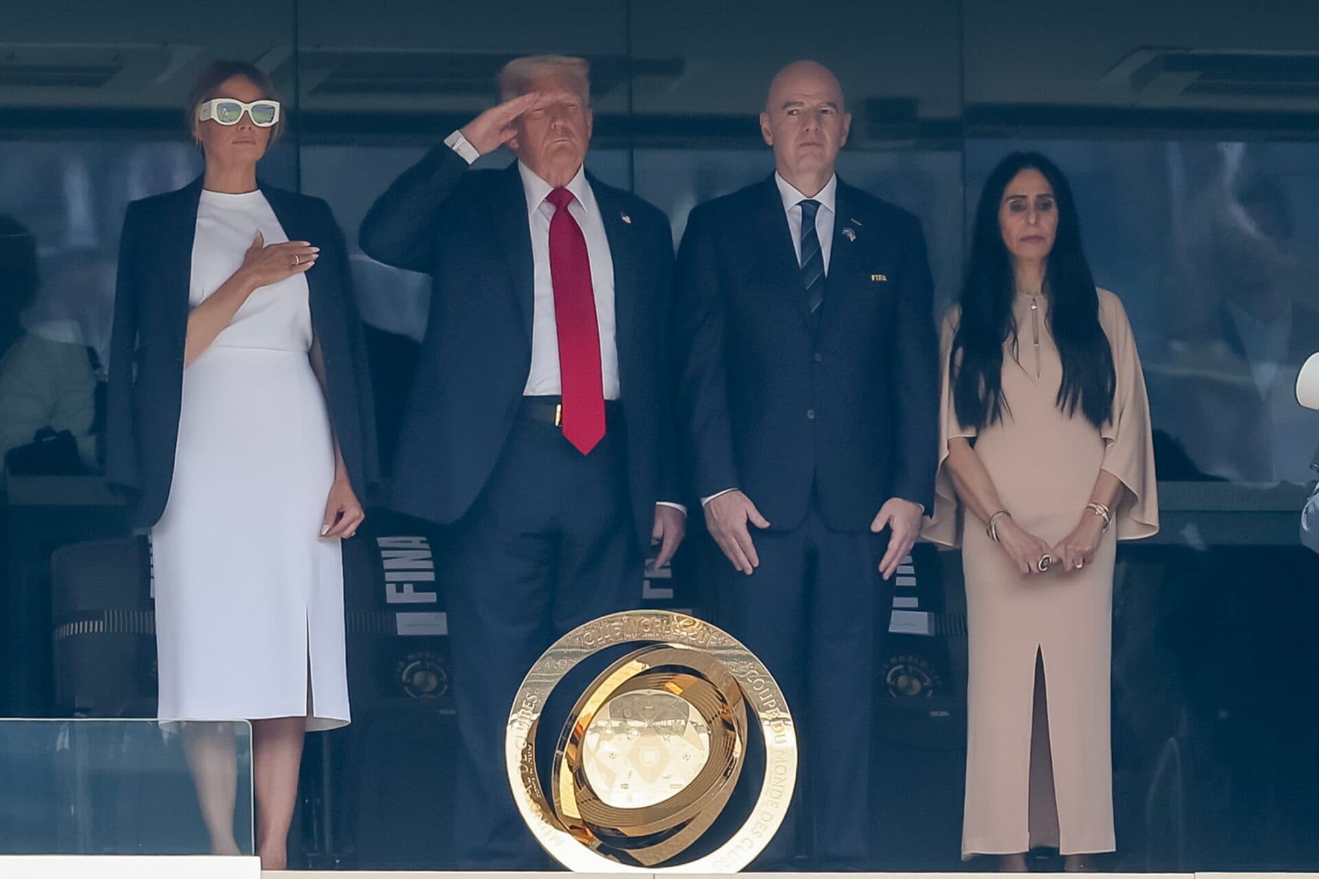S President Donald Trump (2-L), First Lady Melania Trump (L), FIFA president Gianni Infantino (2-R) and his wife Leena Al Ashqar (R) attend the FIFA Club World Cup 2025 final match between Chelsea FC and Paris Saint-Germain, in East Rutherford, New Jersey, USA, 13 July 2025. (Mundial de Fútbol) EFE/EPA/JUSTIN LANE
