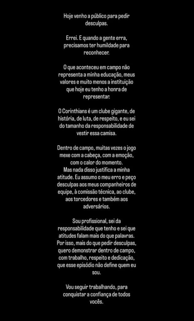 Pedido de desculpas de Allan, do Corinthians - Reprodução/@allan_.souza