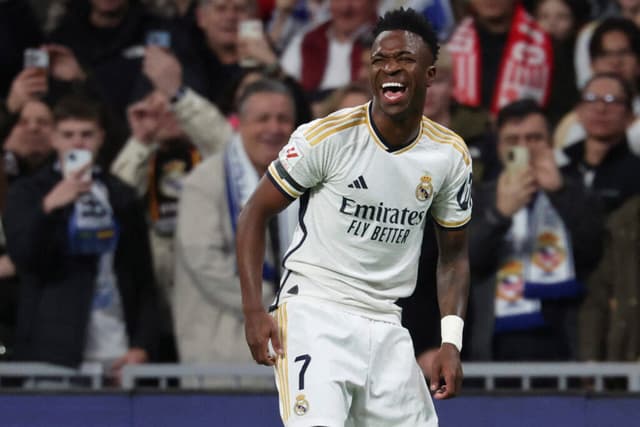 Vini Jr festeja tento em goleada do Real Madrid contra o Girona - Pierre-Philippe MARCOU / AFP