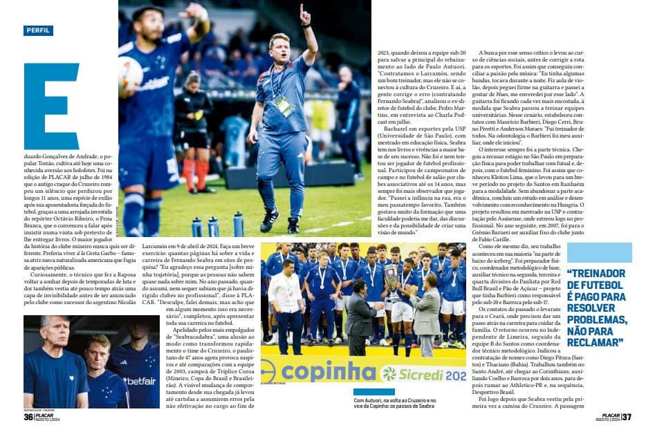 PLACAR de agosto traz entrevista com Fernando Seabra, técnico do Cruzeiro