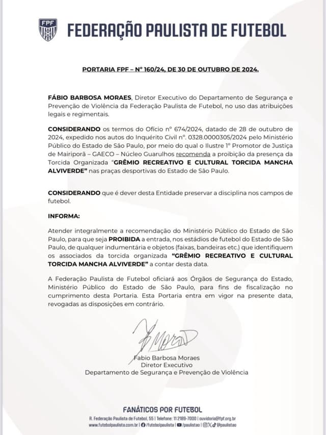 Mancha Alvi Verde foi proibida de entrar nos estádios - FPF