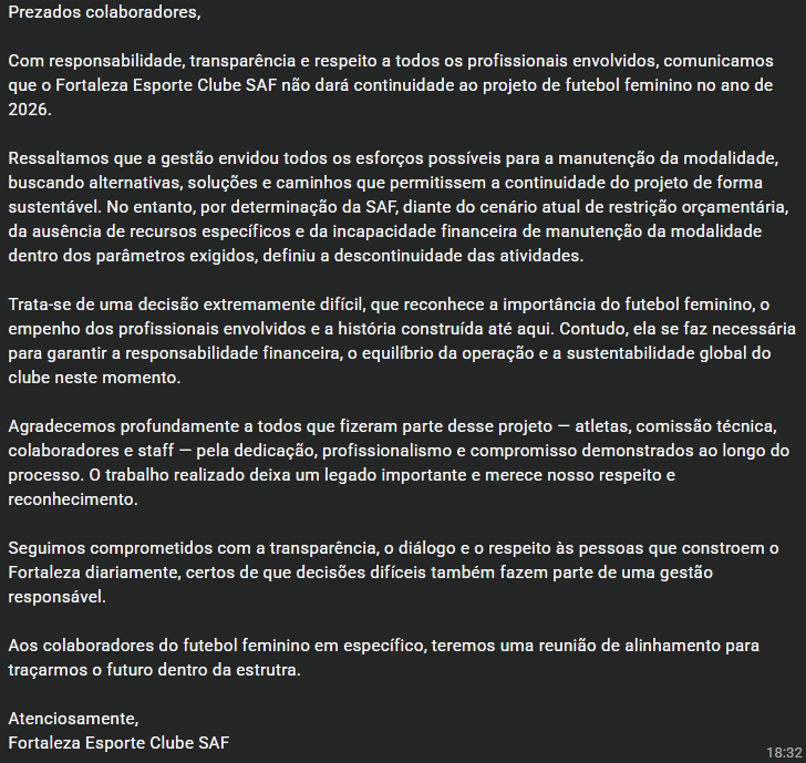 Comunicado do Fortaleza - Planeta Futebol Feminino/Reprodução
