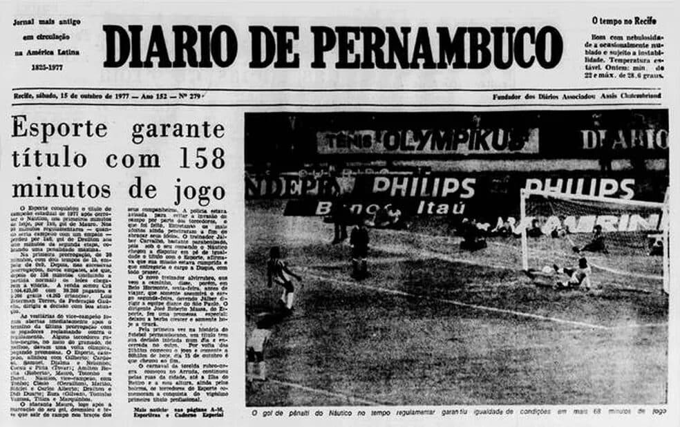 Diário de Pernambuco destaca final mais longa do estadual vencida pelo Sport contra o Náutico, em 1977 - Reprodução