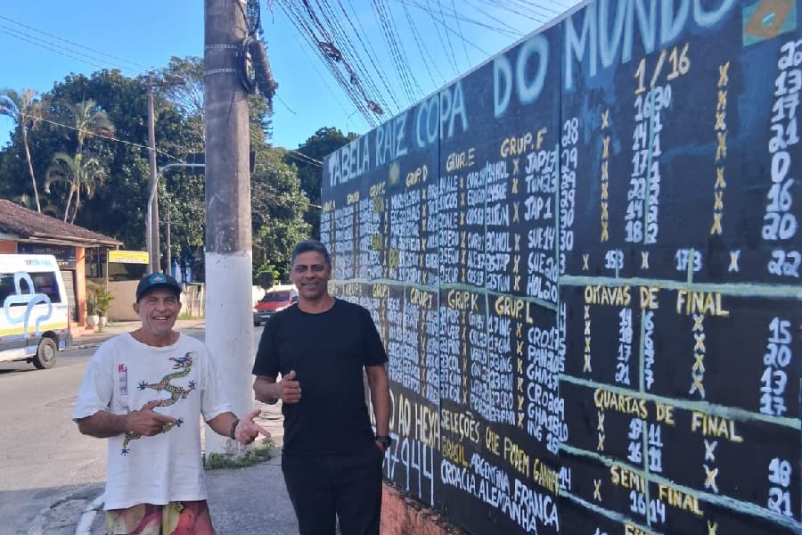 Eduardo Camarini (à esquerda) ao lado de seu amigo e da tabela com os jogos da Copa do Mundo de 2026 na loja B2 Materiais - Arquivo pessoal/Eduardo Camarini