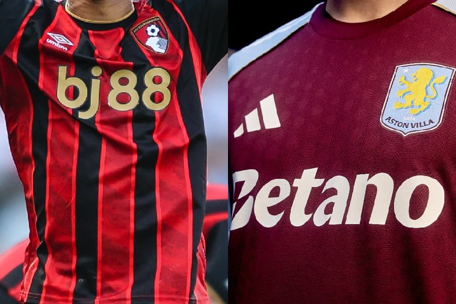 Bournemouth (à esq.) e Aston Villa (à dir.) tinham bets como patrocinadoras máster na última temporada - Reprodução/@afcbournemouth e Reprodução/@AVFCOfficial