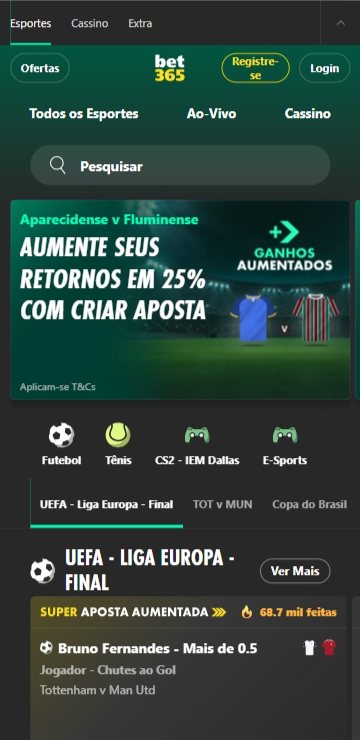 Tela do site Bet365 mostrando apostas esportivas na Liga Europa, além de um destaque para aposta aumentada exclusiva no app